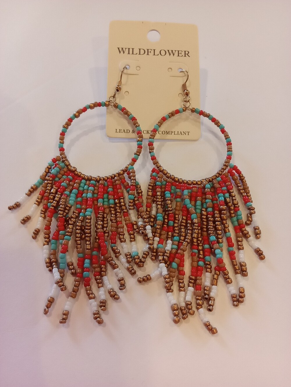Wildflowers Boho Beaded Fringe Hoop Earrings - Turquoise, Coral & Gold
